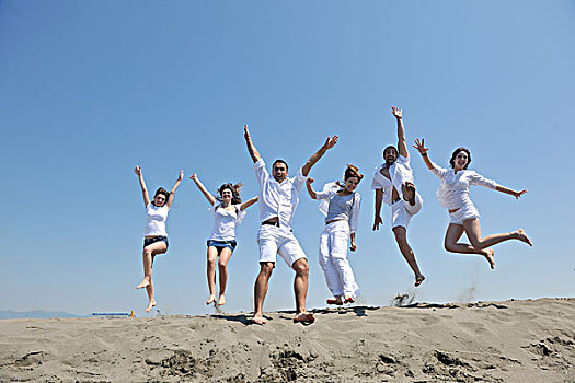 高兴,人,群体,开心,跑,跳跃,海滩,美女,沙子