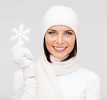 冬天,人,高兴,概念,女人,帽子,围巾,手套,大,雪花