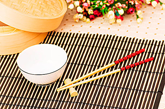 筷子,碗,竹垫