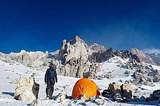 南美,阿根廷,日落,阿空加瓜山,一个,顶端,攀登,营地