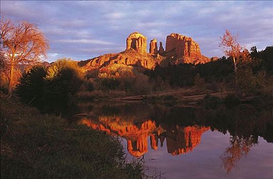 教堂岩,排列,日落,橡木溪,亚利桑那,美国,北美