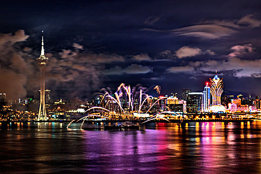 澳门,海面,夜景,灯光,烟花