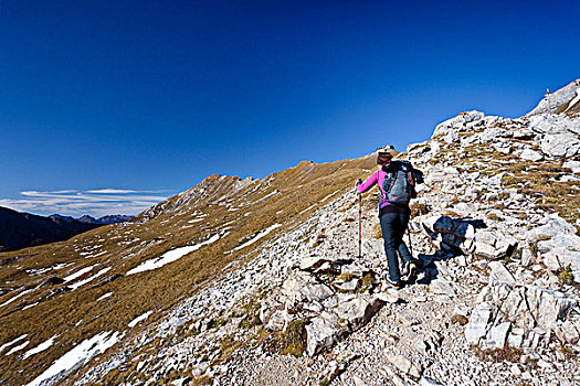 远足者,上升,攀登,路线,山谷,高处,白云岩,特兰迪诺,意大利,欧洲