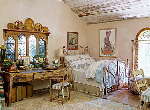 艺术,风格,床,靠近,老式,墙壁,桌子,正面,传统,家,窗户,阁楼,卧室