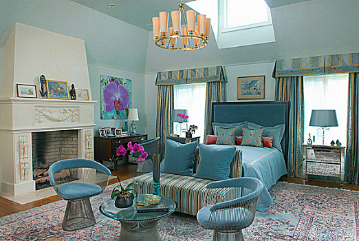 就餐,椅子,脚,双人床,蓝色,卧室