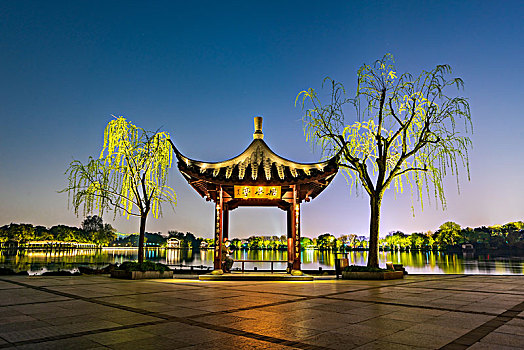 杭州西湖花港观鱼乐水亭夜景