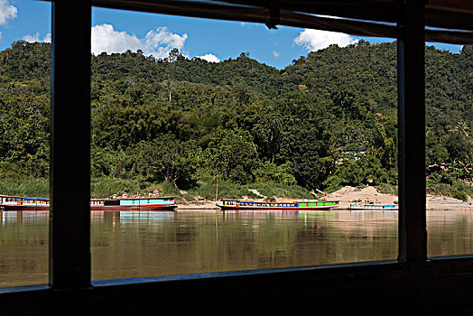 船,河,风景,窗户,湄公河,老挝