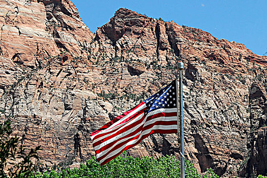 旗帜,美国,飞,正面,岩石构造,锡安国家公园,犹他,北美