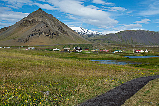 冰岛,西部,韦斯特兰德,斯奈山半岛,小,渔村,脚,山,冰河,远景