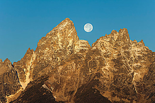 齿状,山脉,大台顿国家公园,夜晚,满月,空中