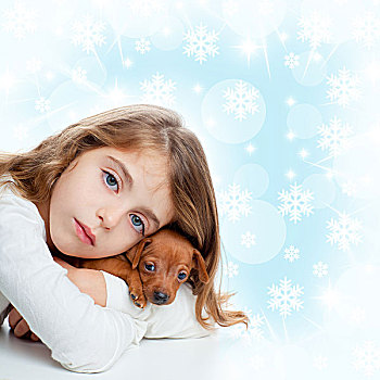 圣诞节,孩子,女孩,搂抱,小狗,褐色,狗
