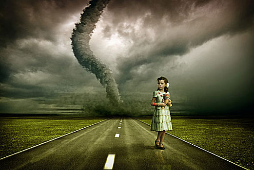 小女孩,大,龙卷风,上方,道路,照片,组合,谷物,纹理