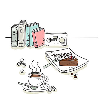 咖啡杯,蛋糕,无线电,背景