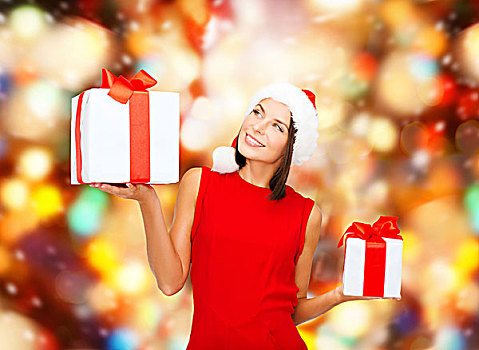 圣诞节,休假,庆贺,人,概念,微笑,女人,红裙,礼盒,上方,背景