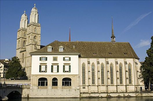 教堂,正面,双子塔,罗马式大教堂,象征,城市,苏黎世,瑞士,欧洲