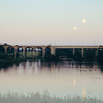 晚间,奧伯湖地区,水库,铁路桥