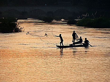 捕鱼,网,湄公河,老挝