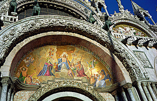 意大利,威尼斯,圣马科,地区,壁画,高处,正门入口,圣马可大教堂,圣马可广场