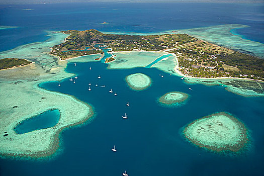 珊瑚礁,小湾,左边,种植园,右边,岛屿,玛玛努卡群岛,斐济,南太平洋,俯视