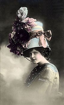 女人,戴着,桶,帽子,时尚,滑稽模仿,历史,照片
