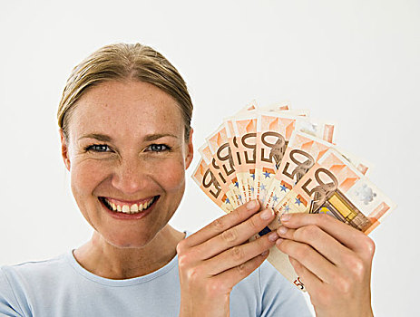 微笑,女人,拿着,欧元钞票