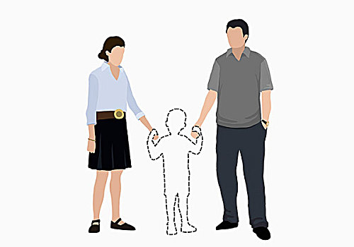 插画,图像,父母,握手,儿子,上方,白色背景