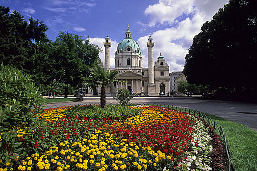 奥地利,维也纳,卡尔教堂,巴洛克式建筑,花,前景