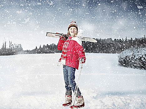 女孩,越野,滑雪,雪中