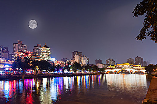 成都城市夜景满月中秋