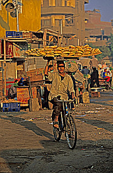 埃及,开罗,男人,骑,自行车,托盘,面包,头部