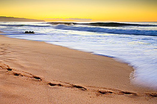 脚印,海滩,日落,夏威夷