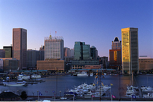 城市天际线,港口,巴尔的摩,马里兰,美国