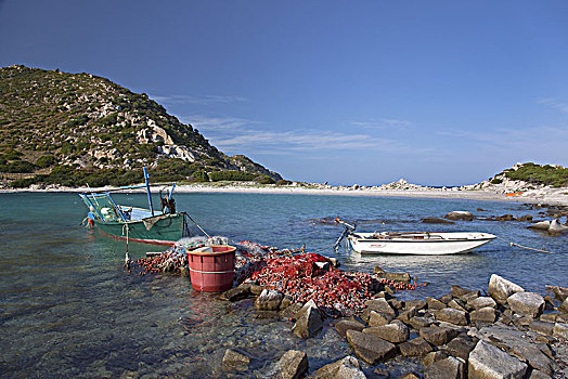 意大利,萨丁尼亚,东海岸,自然保护区,烤面条加干酪沙司,渔船