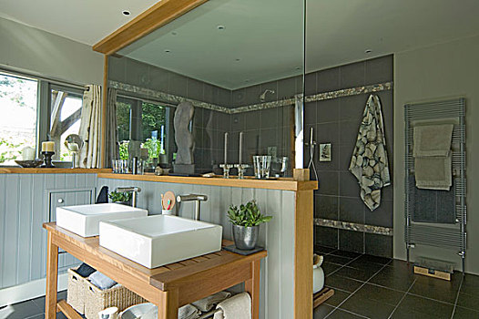 浴室,镜子,洗,盆,木质