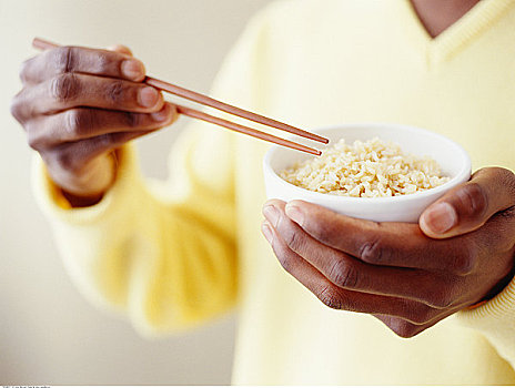 特写,手,米饭,筷子