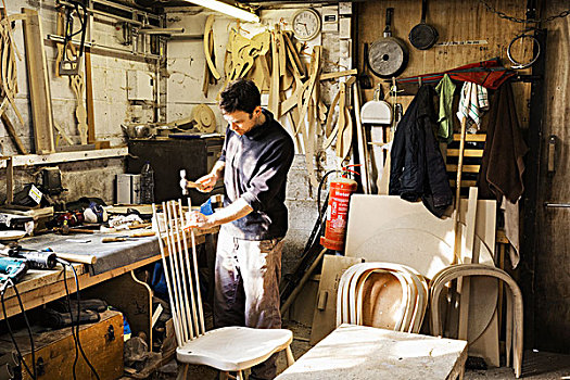 站立,男人,木工,工作间,工作,木椅,背影