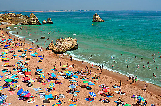许多,洗澡,沙滩伞,海滩,拉各斯,阿尔加维,葡萄牙,欧洲
