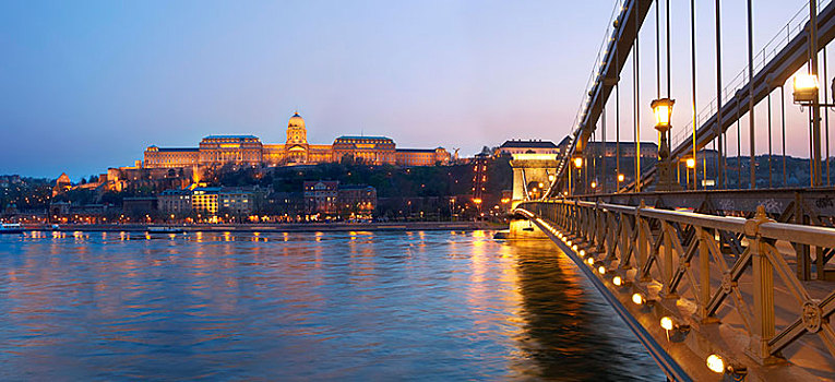 链索桥,上方,多瑙河,日落,布达佩斯,匈牙利,欧洲