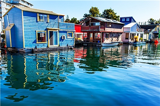 水上住宅,乡村,蓝色,红色,褐色,船屋,渔人码头,反射,内港,维多利亚,温哥华,不列颠哥伦比亚省,加拿大