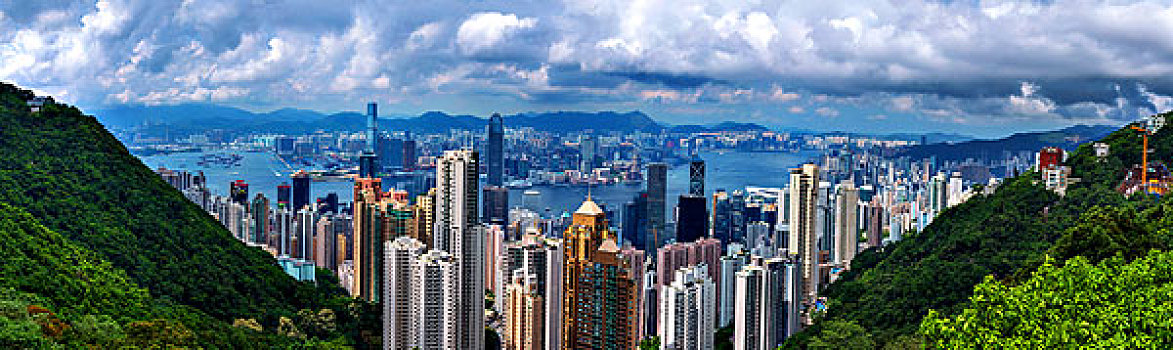全景,天际线,城市,香港