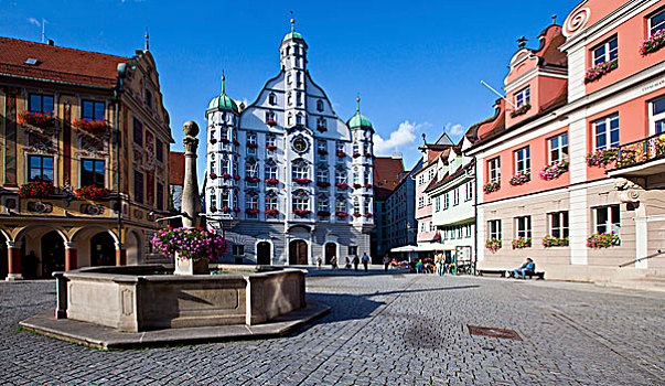 建筑,城镇,市场,喷泉,右边,迈明根,斯瓦比亚,巴伐利亚,德国,欧洲
