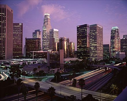 市区,城市天际线,夜景,洛杉矶,加利福尼亚,美国