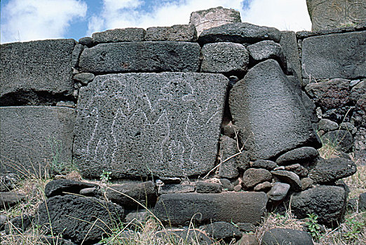 岩刻,两个男人,雕刻,石头,局部,复活节岛石像,阿纳凯,湾