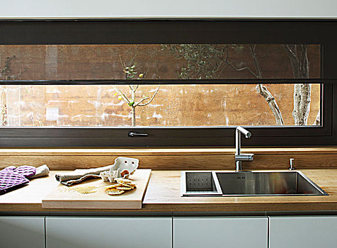 不锈钢,水槽,厨房操作台,木质,仰视,带,窗户,半透明