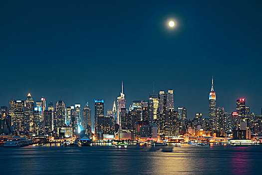 升月,上方,曼哈顿中城,城市天际线,夜晚