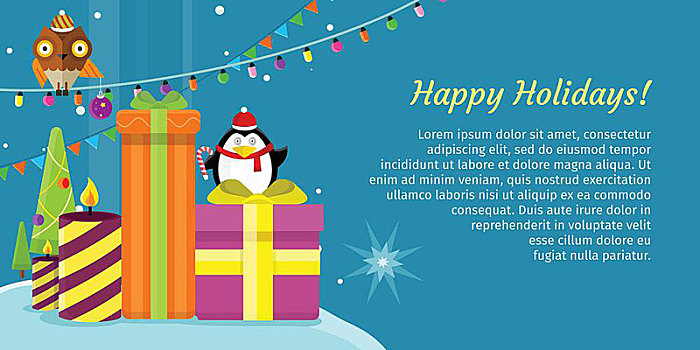 快乐假日,网络,旗帜,圣诞快乐,新年快乐,海报,猫头鹰,花环,雪,雪花,礼物,礼盒,圣诞树,企鹅,增加,祝贺,文字,贺卡,矢量