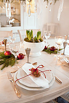 白色,餐具摆放,银质餐具,红色,绳,松果,喜庆,装饰,餐桌