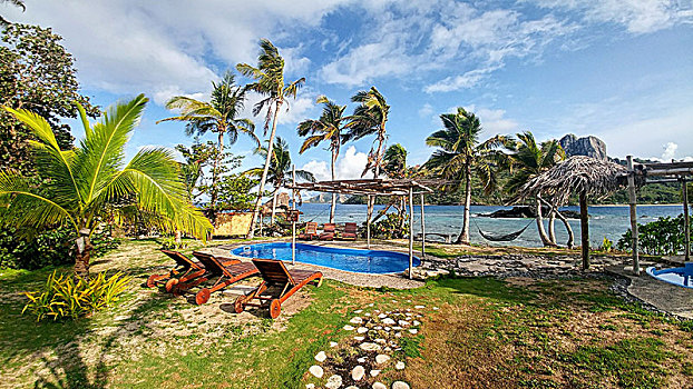 小,水池,沙滩椅,吊床,海滩,斐济