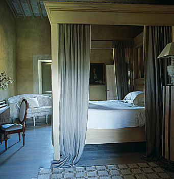 现代,木质,四柱床,软,灰色,帘,中心,卧室