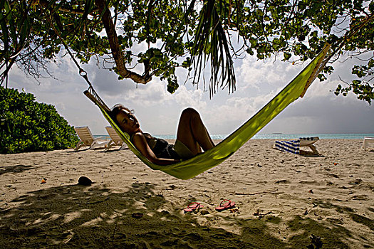 女性,吊床,度假,海滩风景